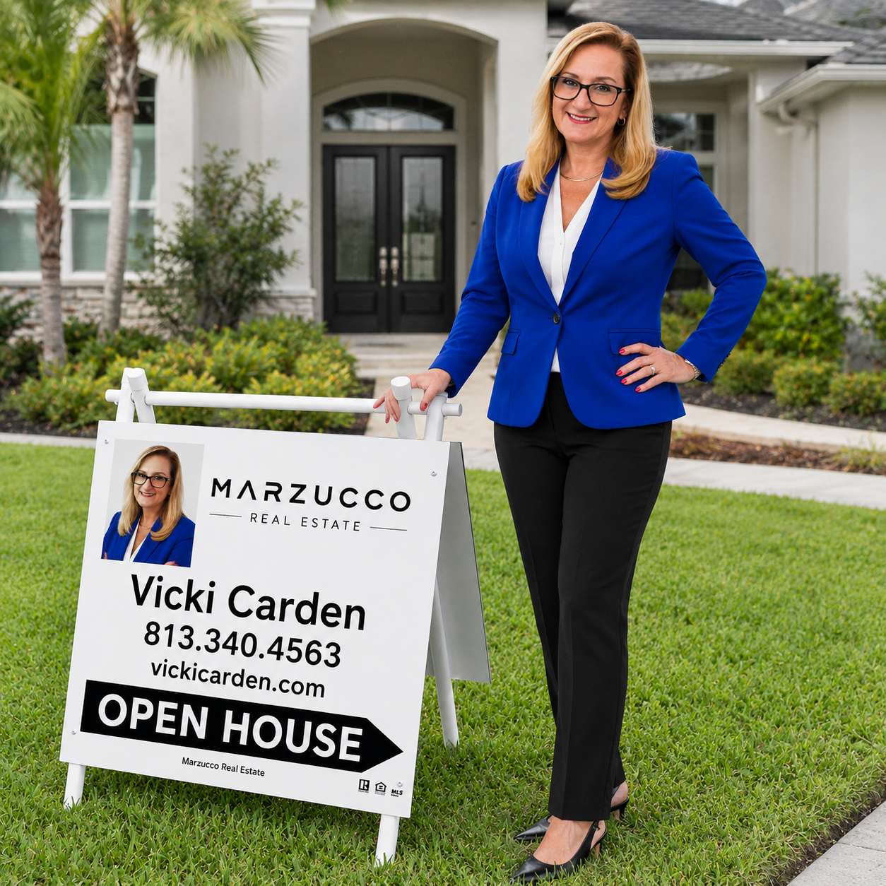 Vicki Carden standing beside a Florida real estate for sale sign